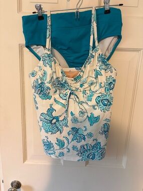 Lands' End Teal Tankini Top with Blue Floral Accent
